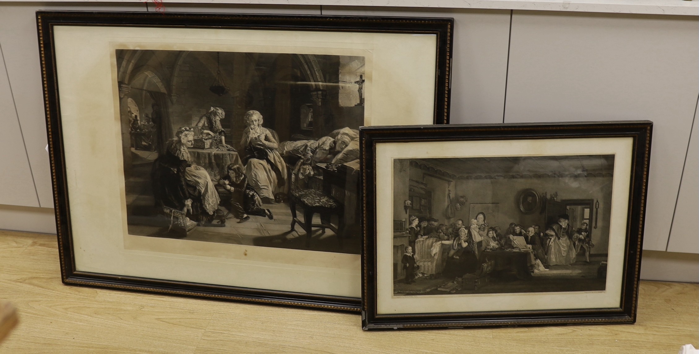 Couzens after Ward, mezzotint, 18th century romantic interior scene, 57 x 72cm and Burnet after Wilkie, engraving, 'Reading the news', 40 x 60cm